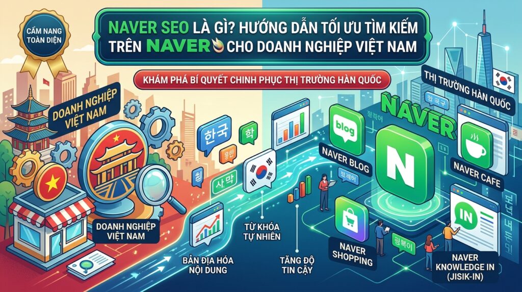 Minh họa hệ sinh thái tìm kiếm và nội dung Naver tại Hàn Quốc
